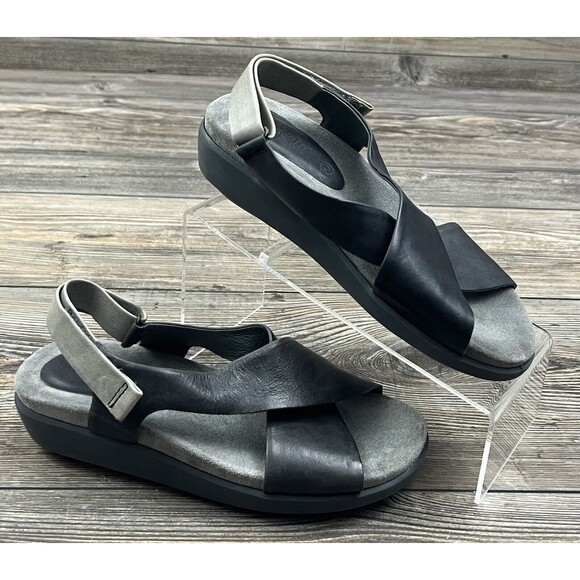 Bussola Wedge Sandals ITALY black Leather Cushion Soles Size Women's EU 39 US 8 - Picture 1 of 13